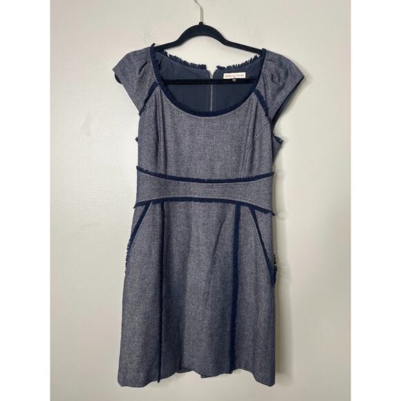 Rebecca Taylor Tweed Sheath Mini Dress Size 8 Blue Wool Blend Fray Fringe Career - Picture 1 of 9